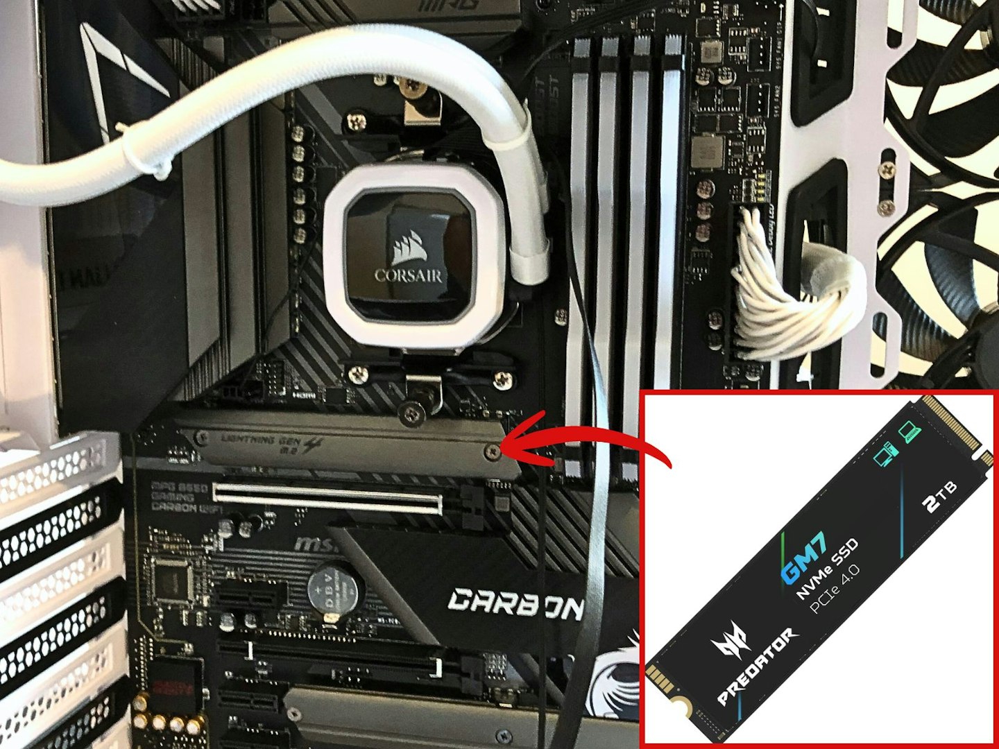A gaming PC motherboard and M.2 SSD slot with Acer Predator M.2 NVMe 2280 SSD