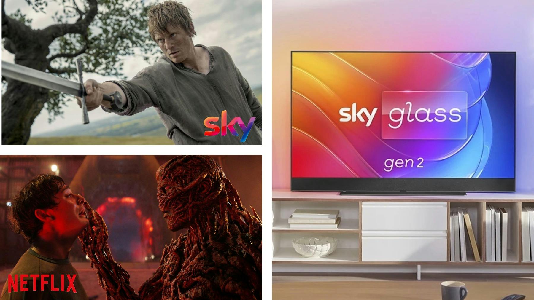 Sky January sale. Deals on Sky Essential and Ultimate subscriptions including Sky Atlantic and Netflix (A Knight of The Seven Kingdoms and Stranger Things stills featured), along with Sky Glass offers (Sky Glass Gen 2 pictured in living room).