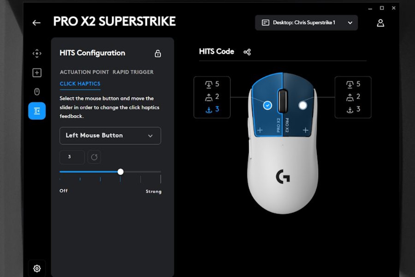 Logitech G HUB software screen -haptic settings