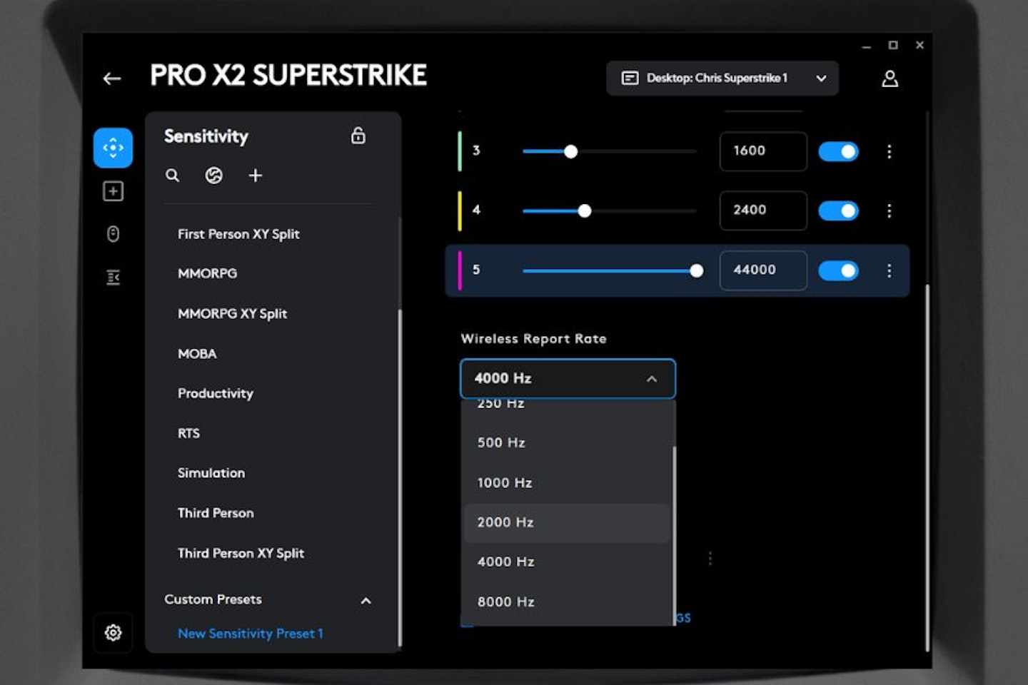 Logitech G HUB software - main settings for Superlight