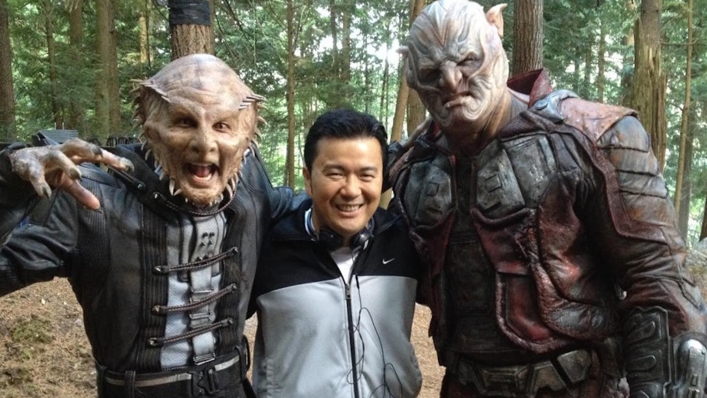 Justin Lin with two mystery Star Trek Beyond aliens