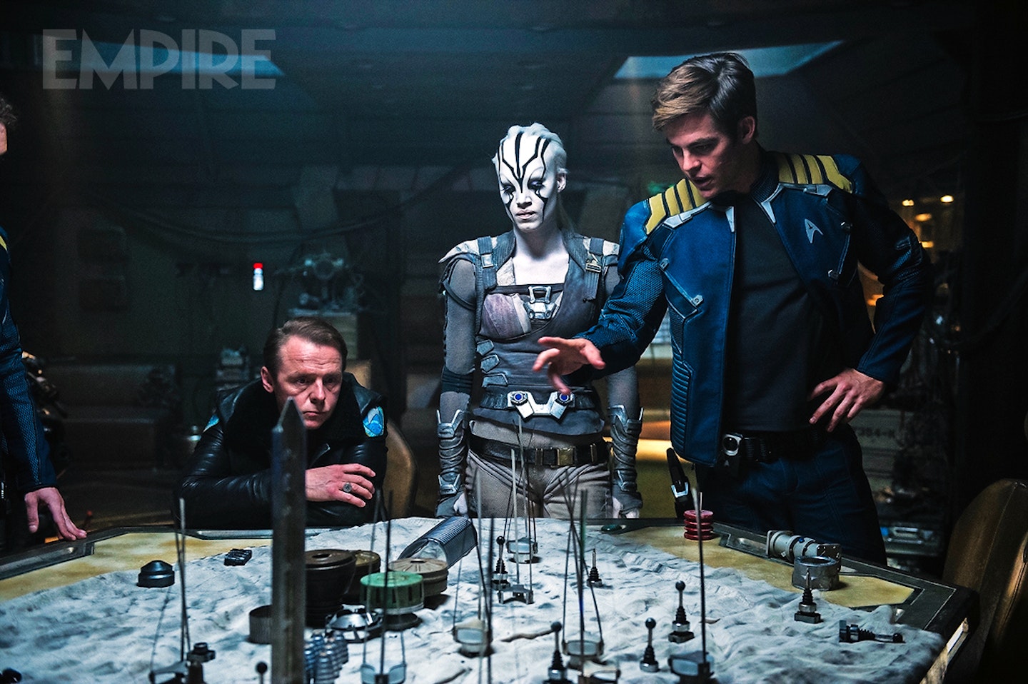 Simon Pegg, Sofia Boutella and Chris Pine make a plan in Star Trek Beyond