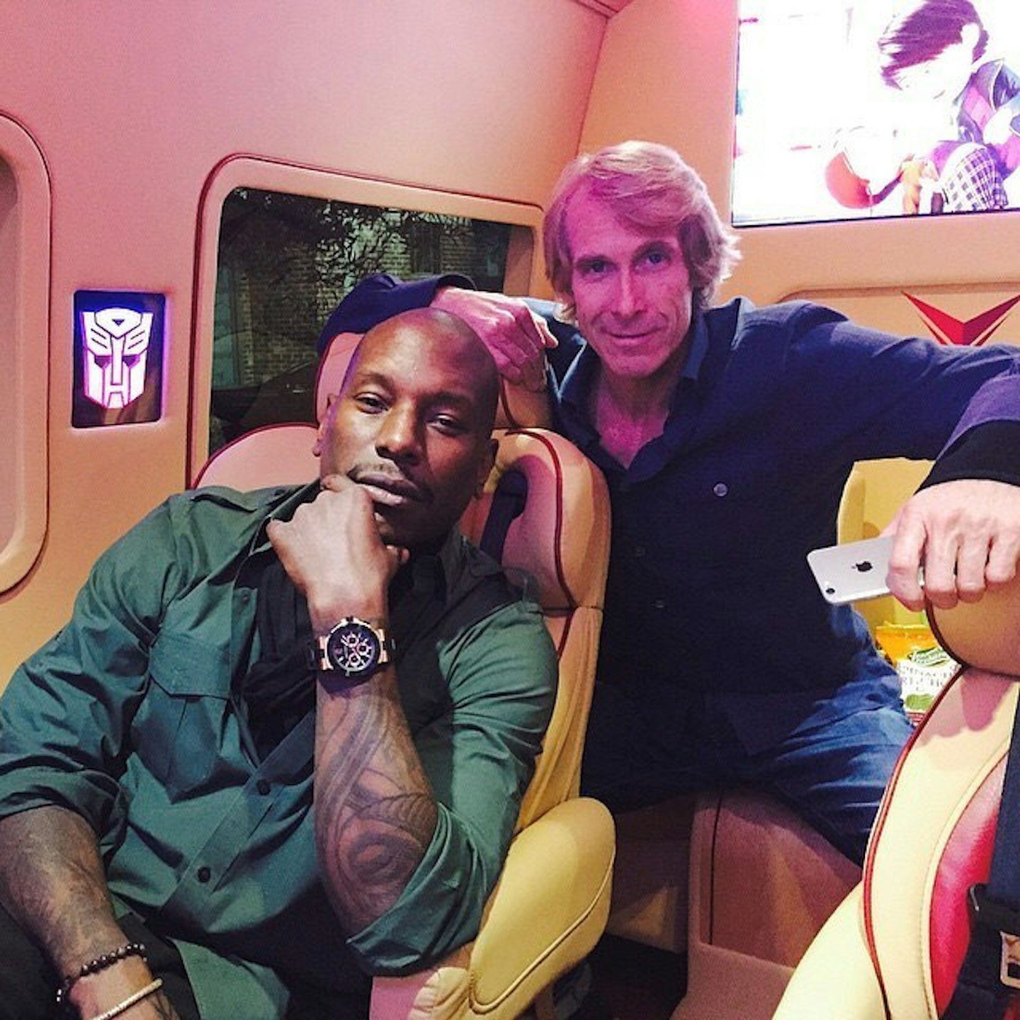 Tyrese Gibson and Michael Bay in Tyrese's Transformers: The Last Knight announcement