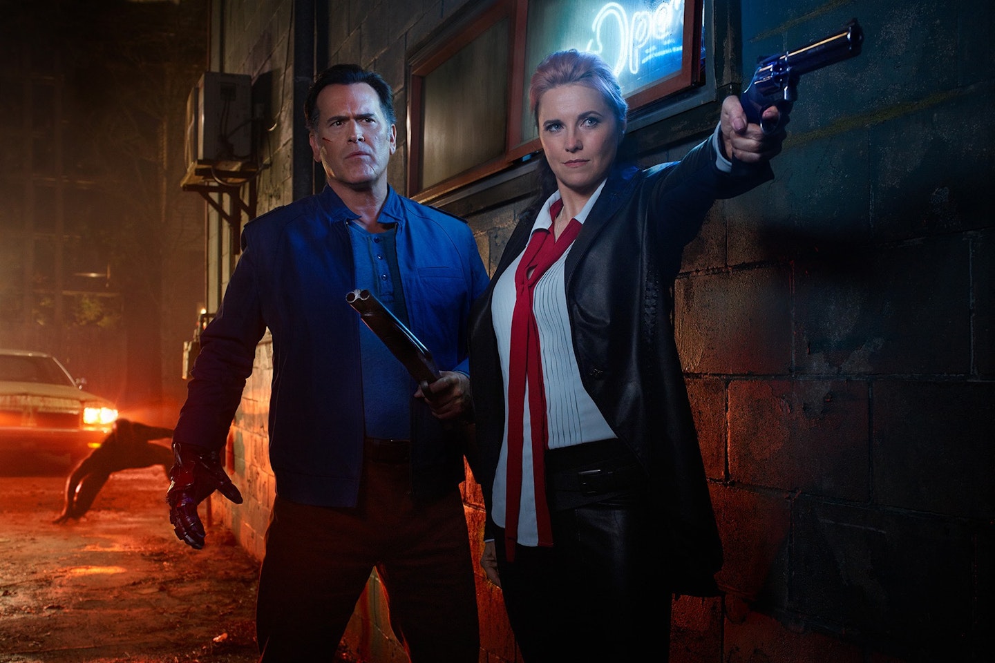 Bruce Campbell and Lucy Lawless in Ash Vs. Evil Dead Season 2