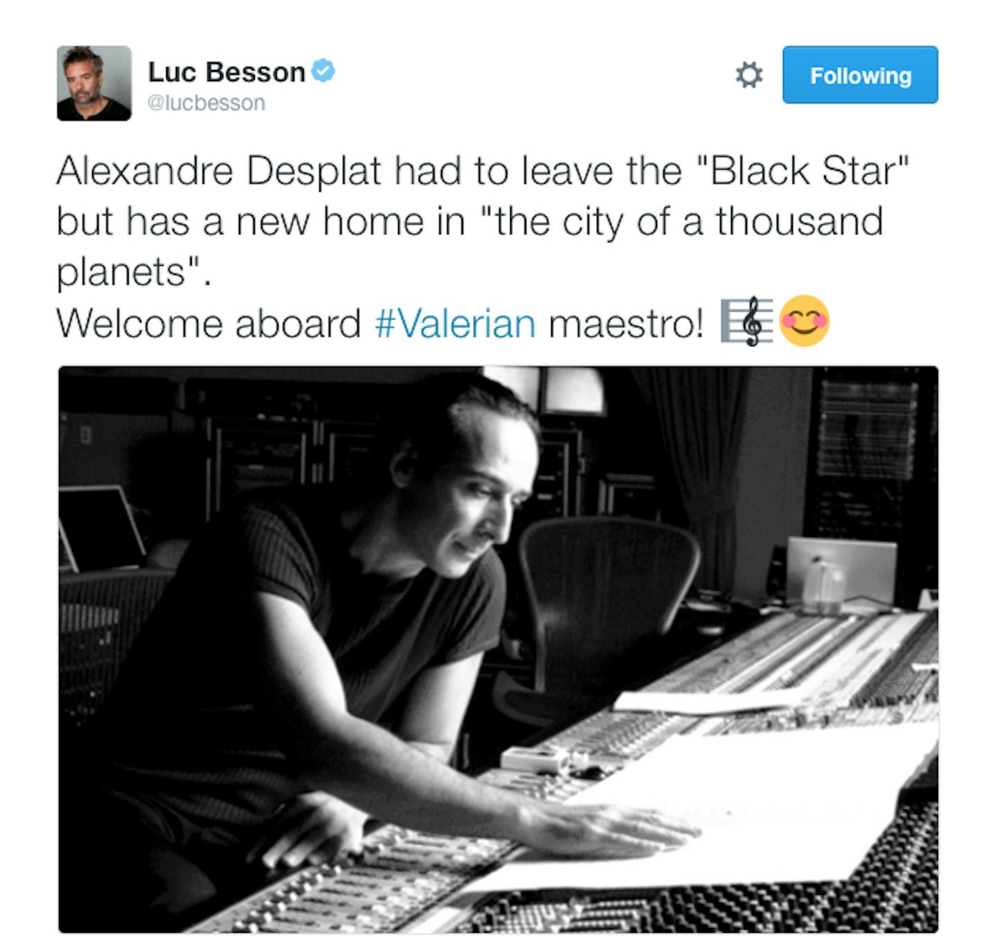 Luc Besson Valerian Alexandre Desplat tweet