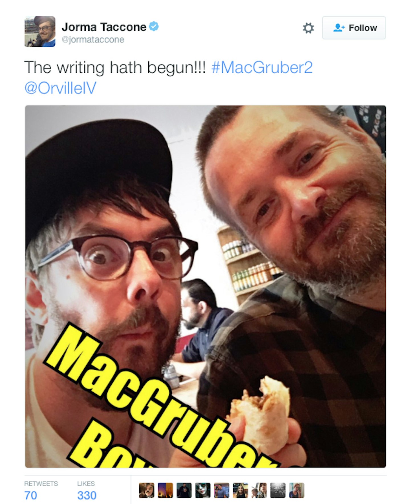 Jorma Taccone's tweet about writing the MacGruber sequel