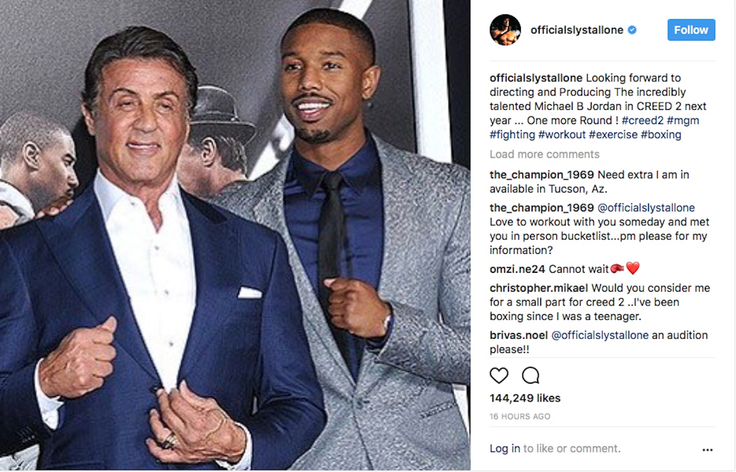 Sylvester Stallone Creed 2 Instagram post