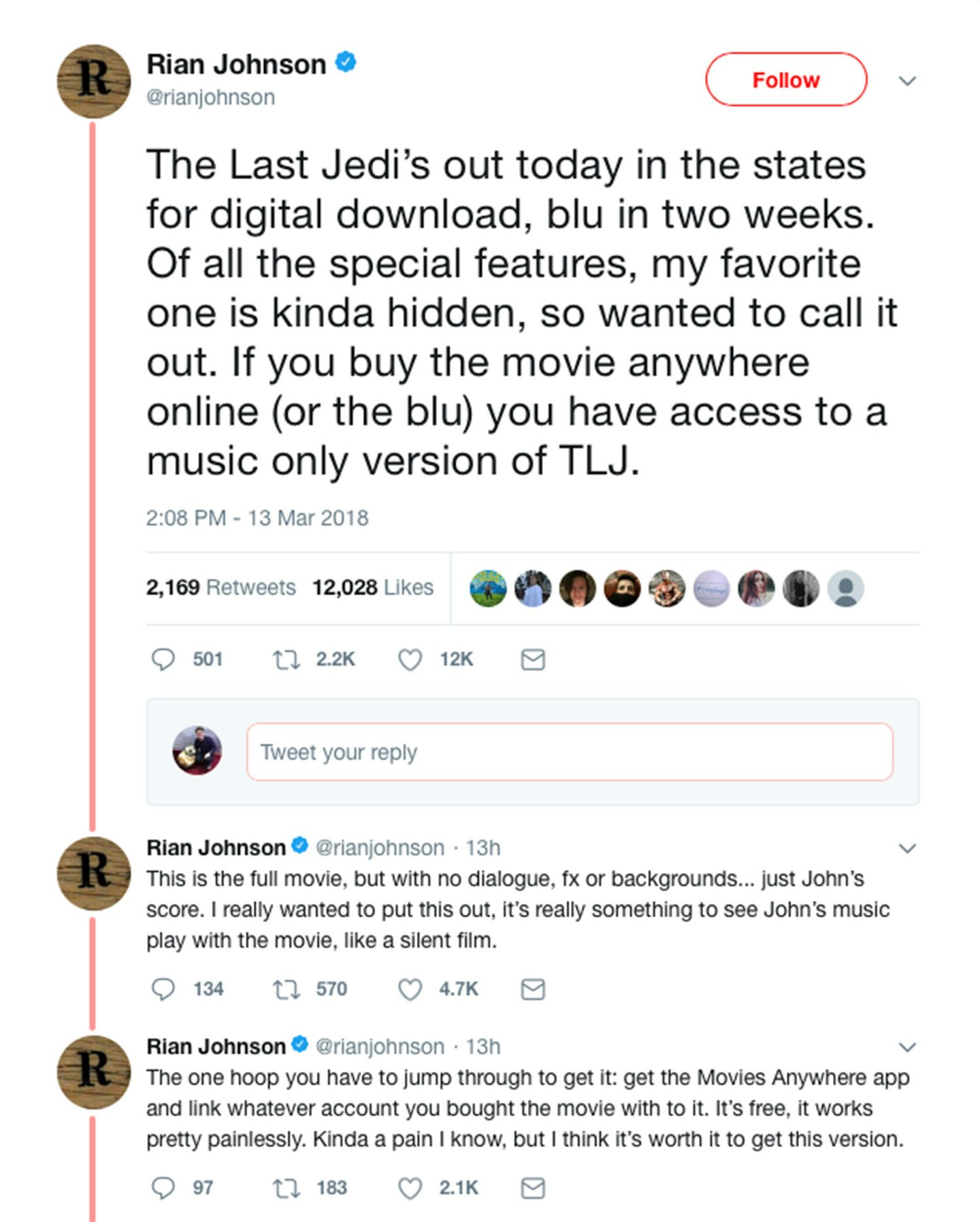 Star Wars: The Last Jedi - Rian Johnson tweets