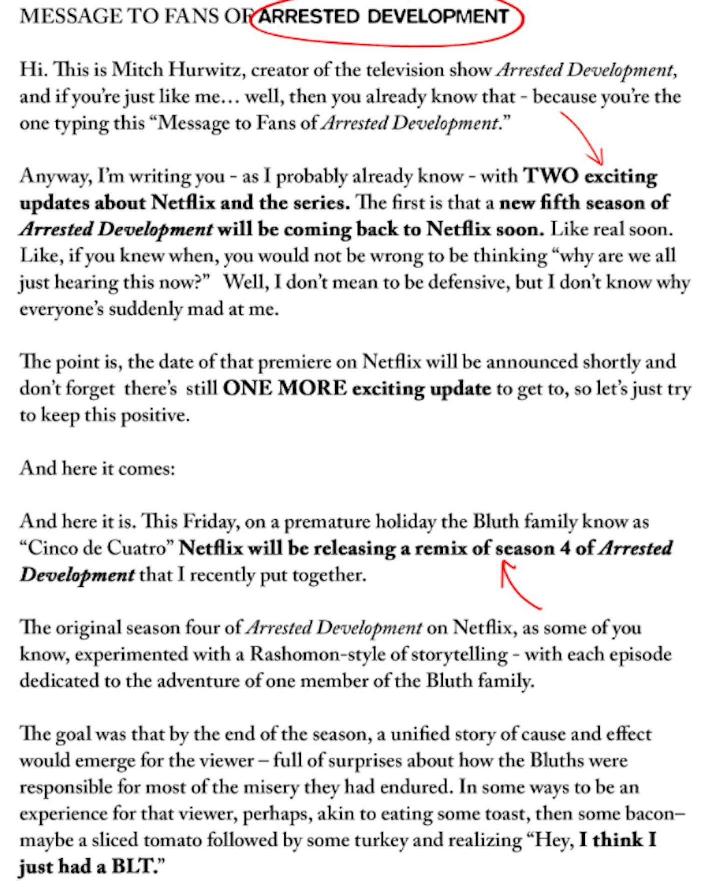 Arrested Development Season 4 remix announcement