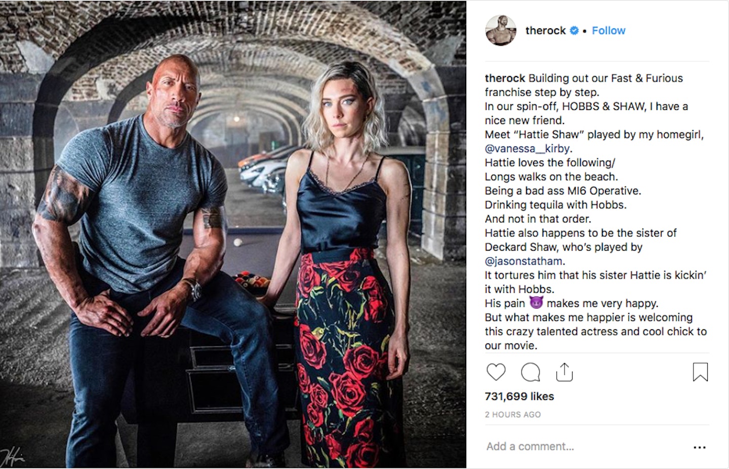 Dwayne Johnson Vanessa Kirby Hobbs Shaw insta