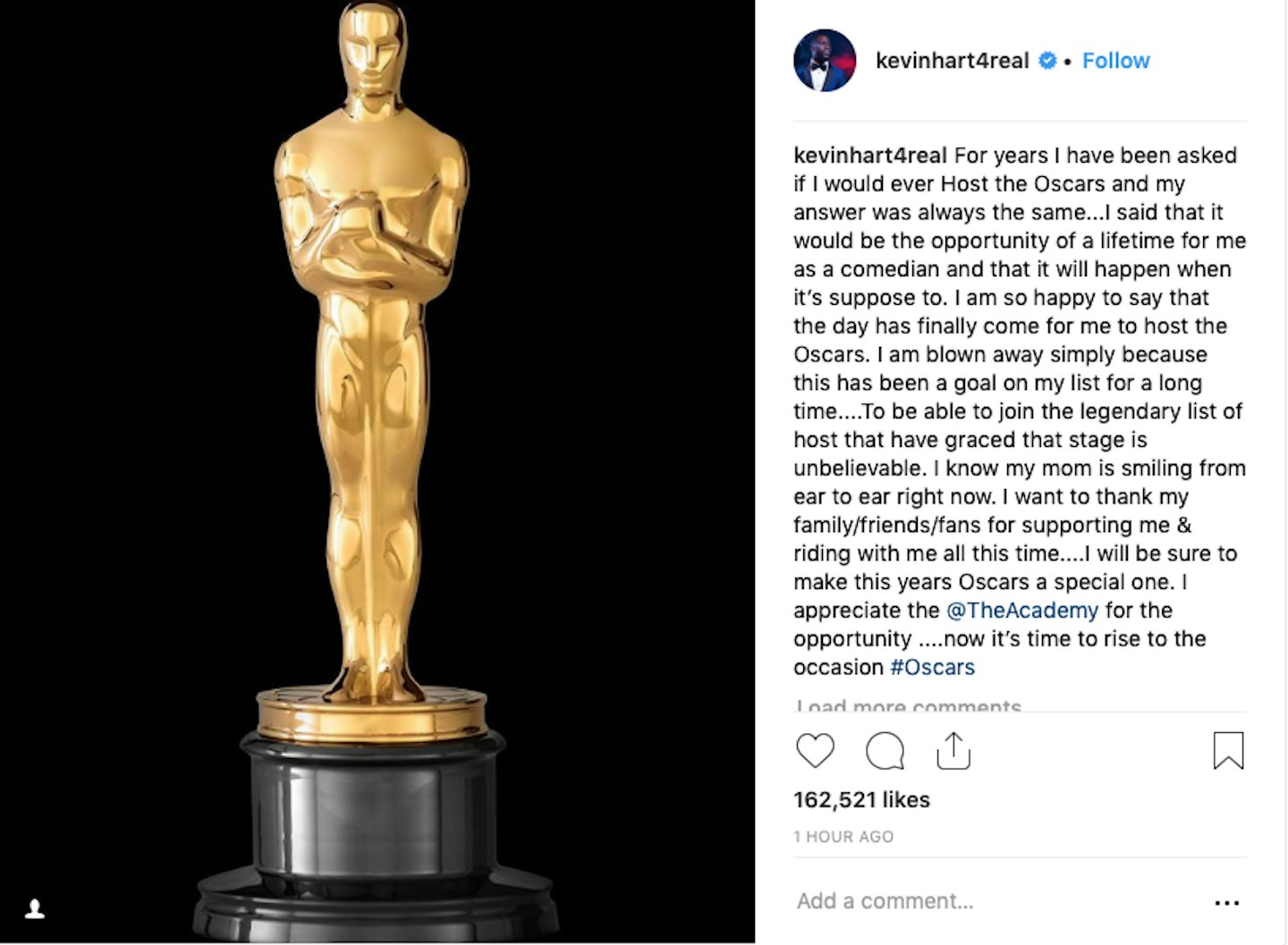 Kevin Hart Instagram Oscars post