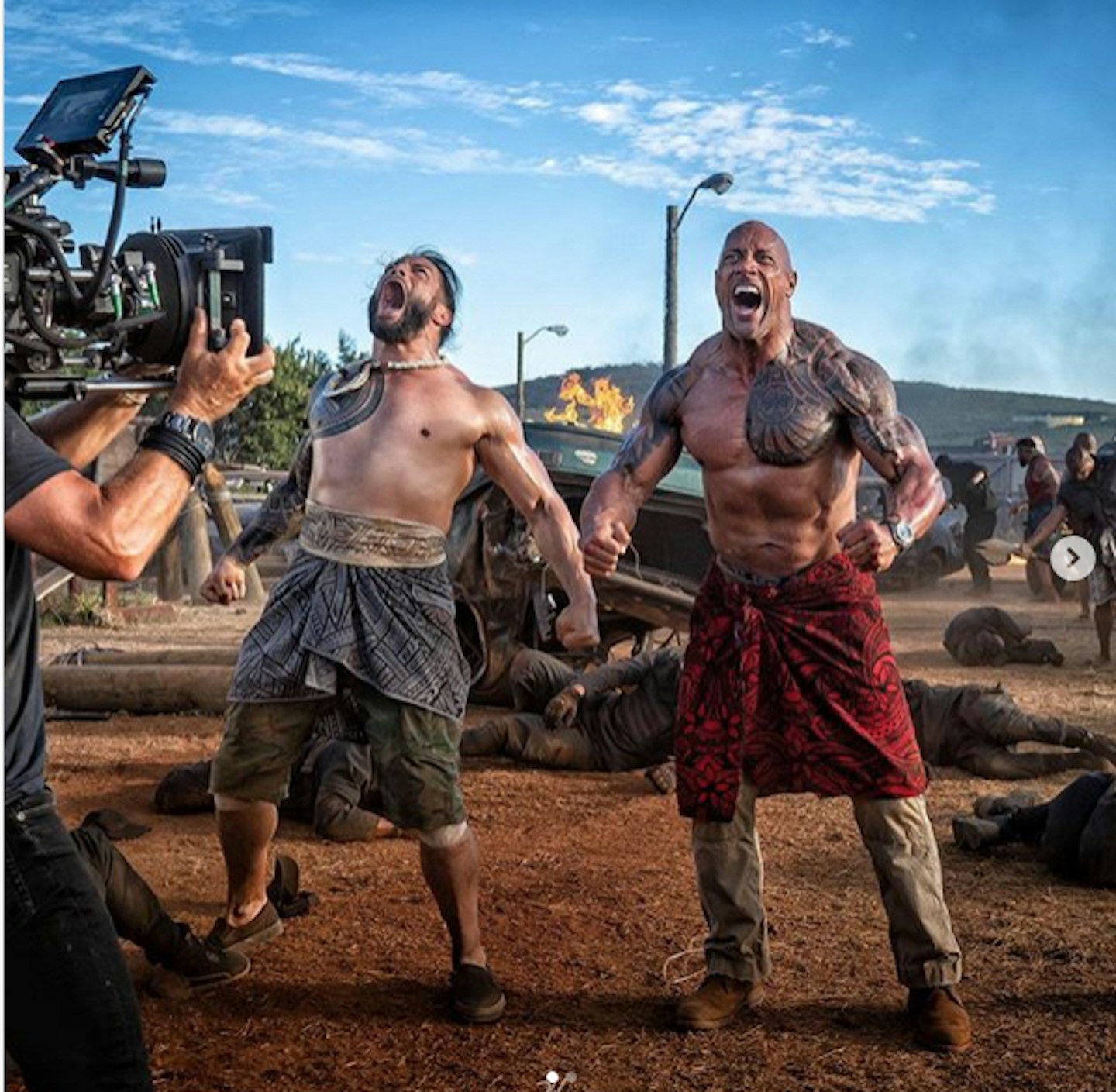 Roman Reigns and Dwayne Johnson on the set of Hobbs & Shaw (Insta)
