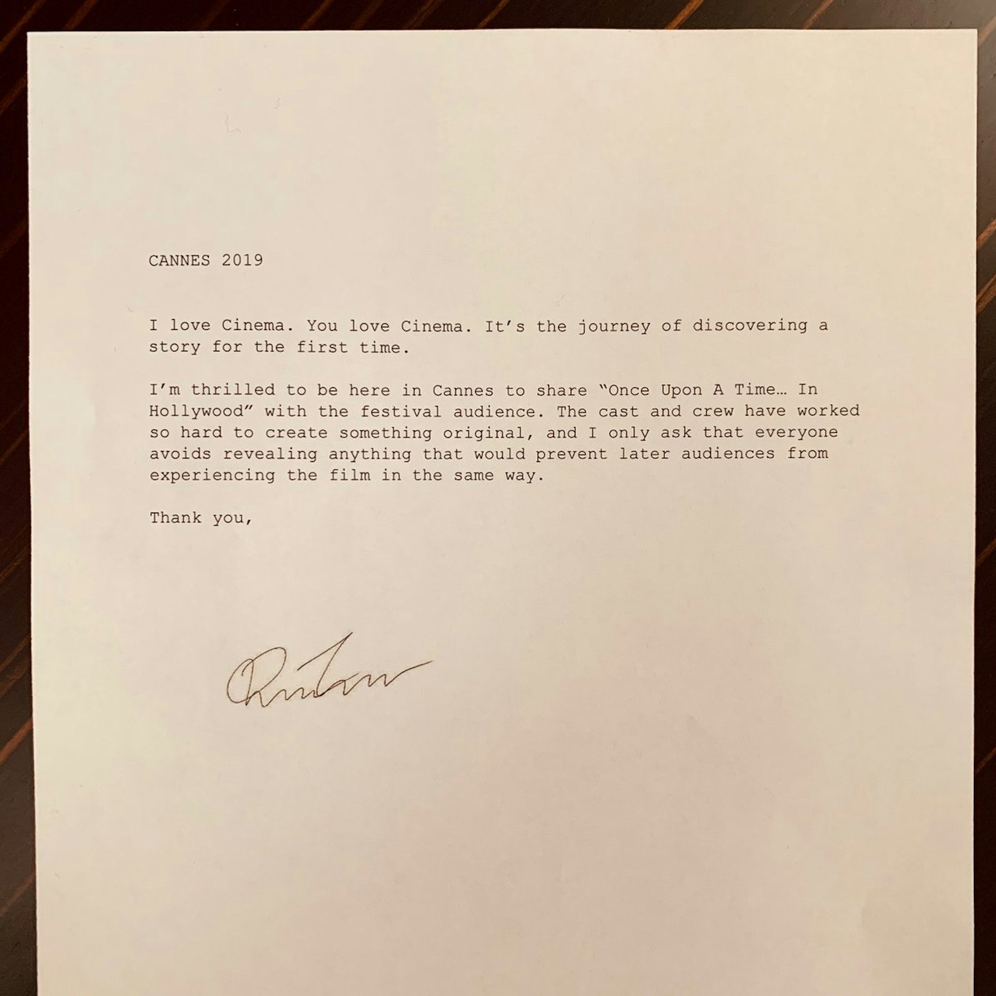 Once Upon A Time In Hollywood No Spoilers letter