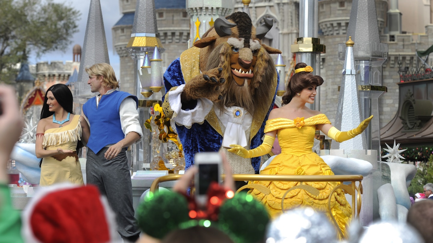 Belle, Beast, Pocahontas, and John Smith at Disneyland