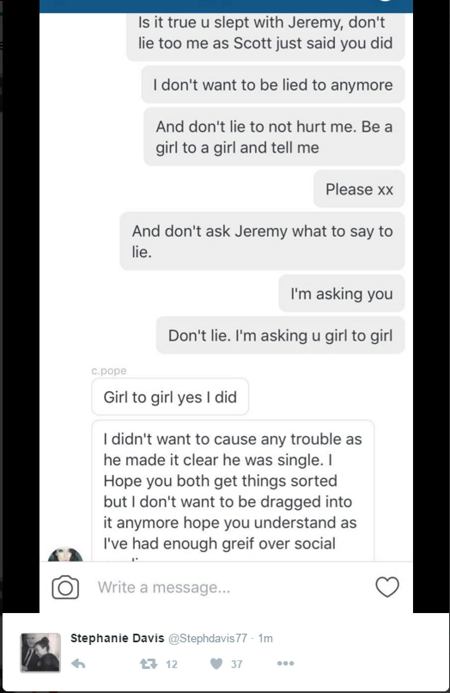 Stephanie Davis cheat conversation