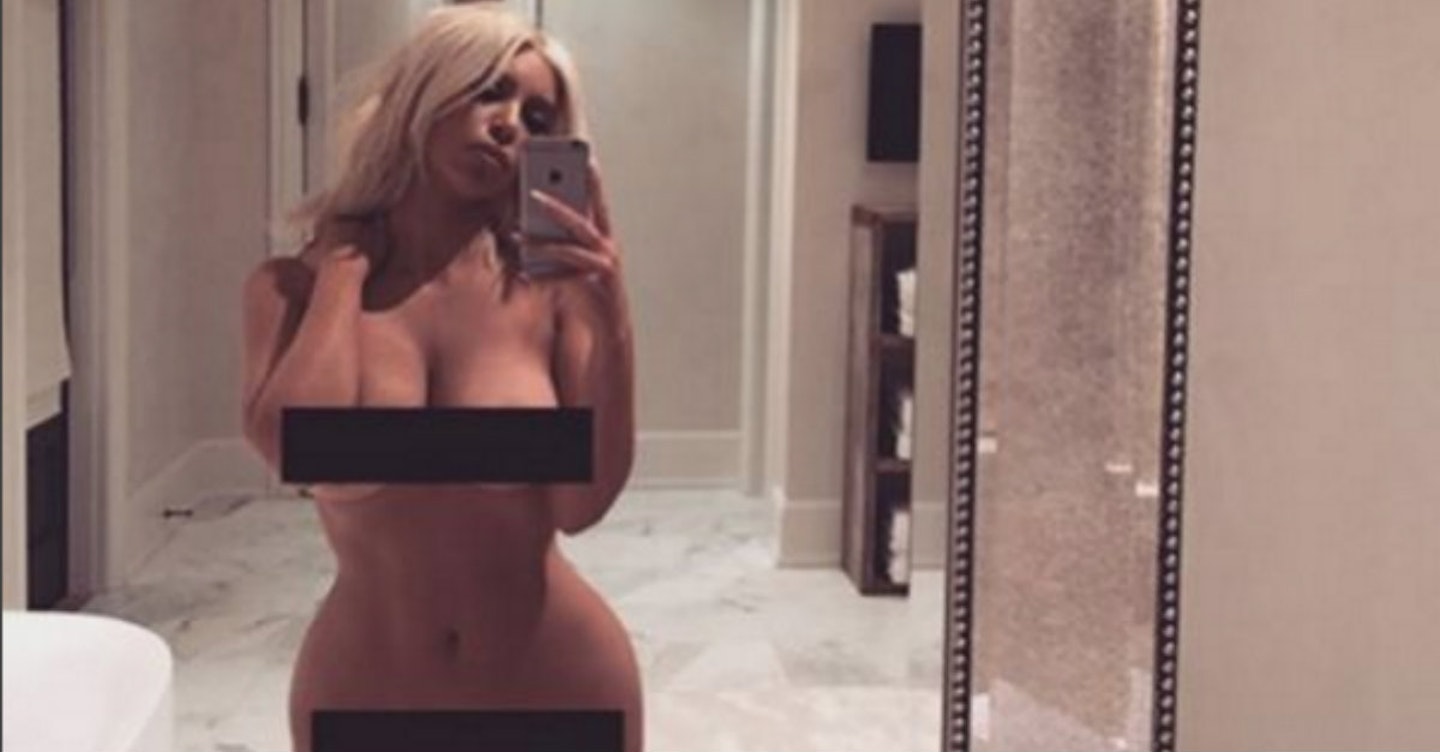 Kim Kardashian naked bathroom selfie blonde fb