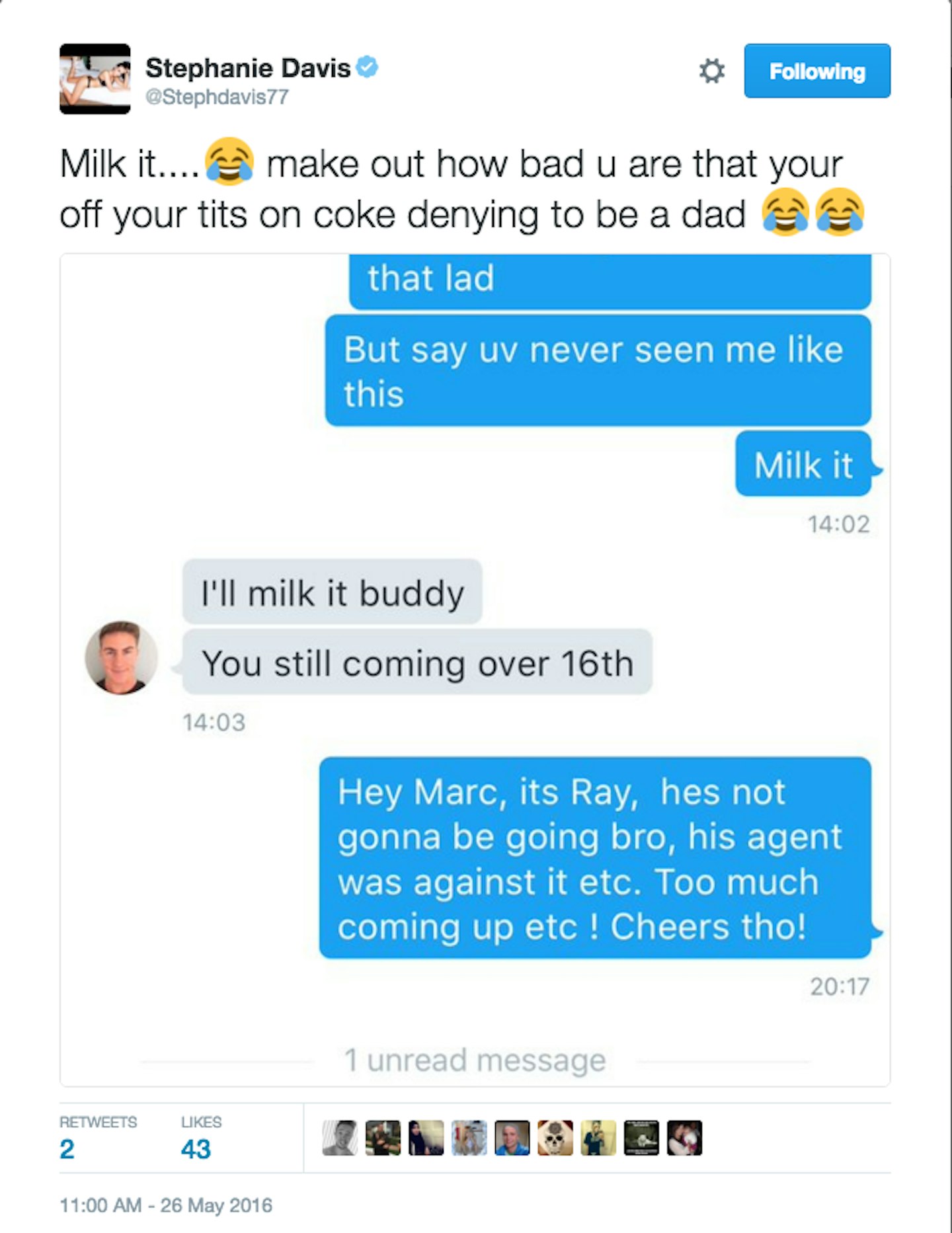 steph davis deleted tweet jeremy mcconnell milk it