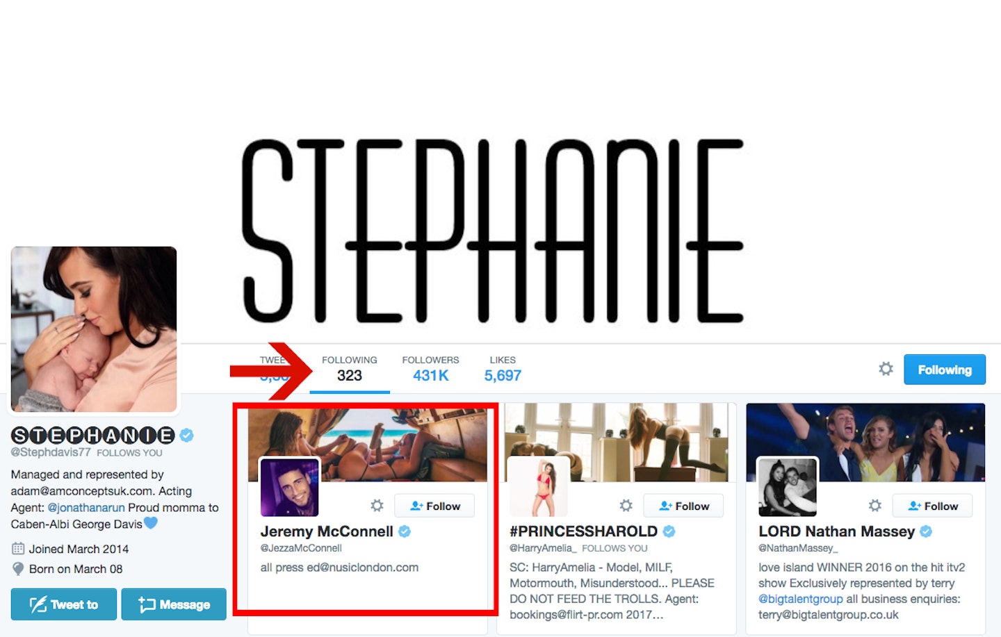 stephanie-davis-followed-jeremy-mcconnell-back-twitter-paternity-father-baby-caben-albi