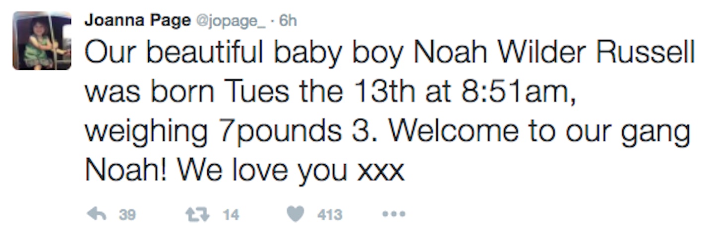 Joanna Page James Thornton baby birth born Noah announcement Twitter