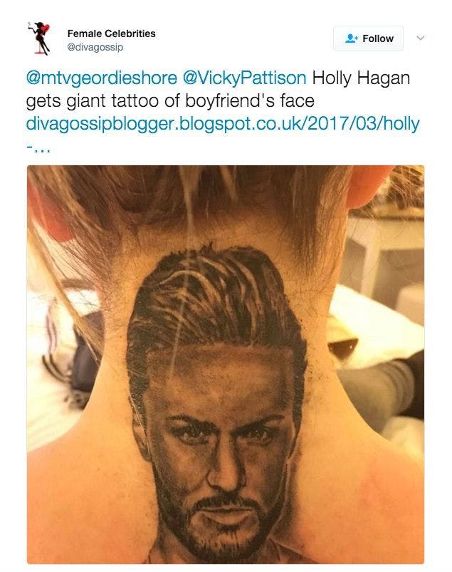 Holly Hagan just got a massive tattoo of boyfriend Kyle Christie's face |  Celebrity - heat Radio
