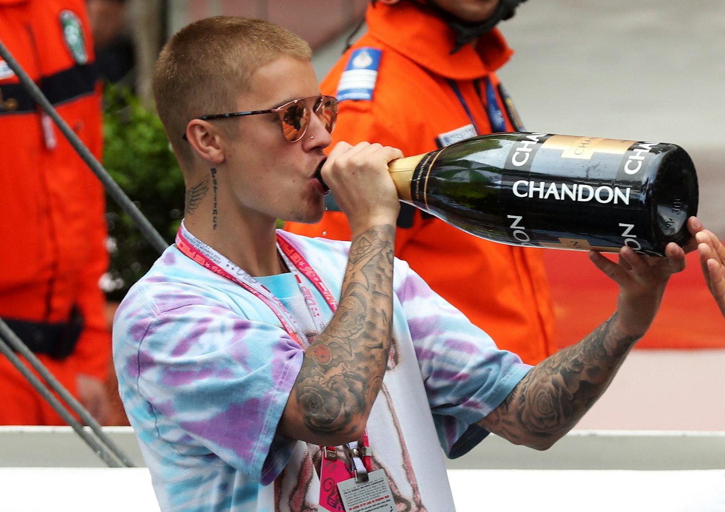 Justin Bieber drinking a massive bottle of Champers