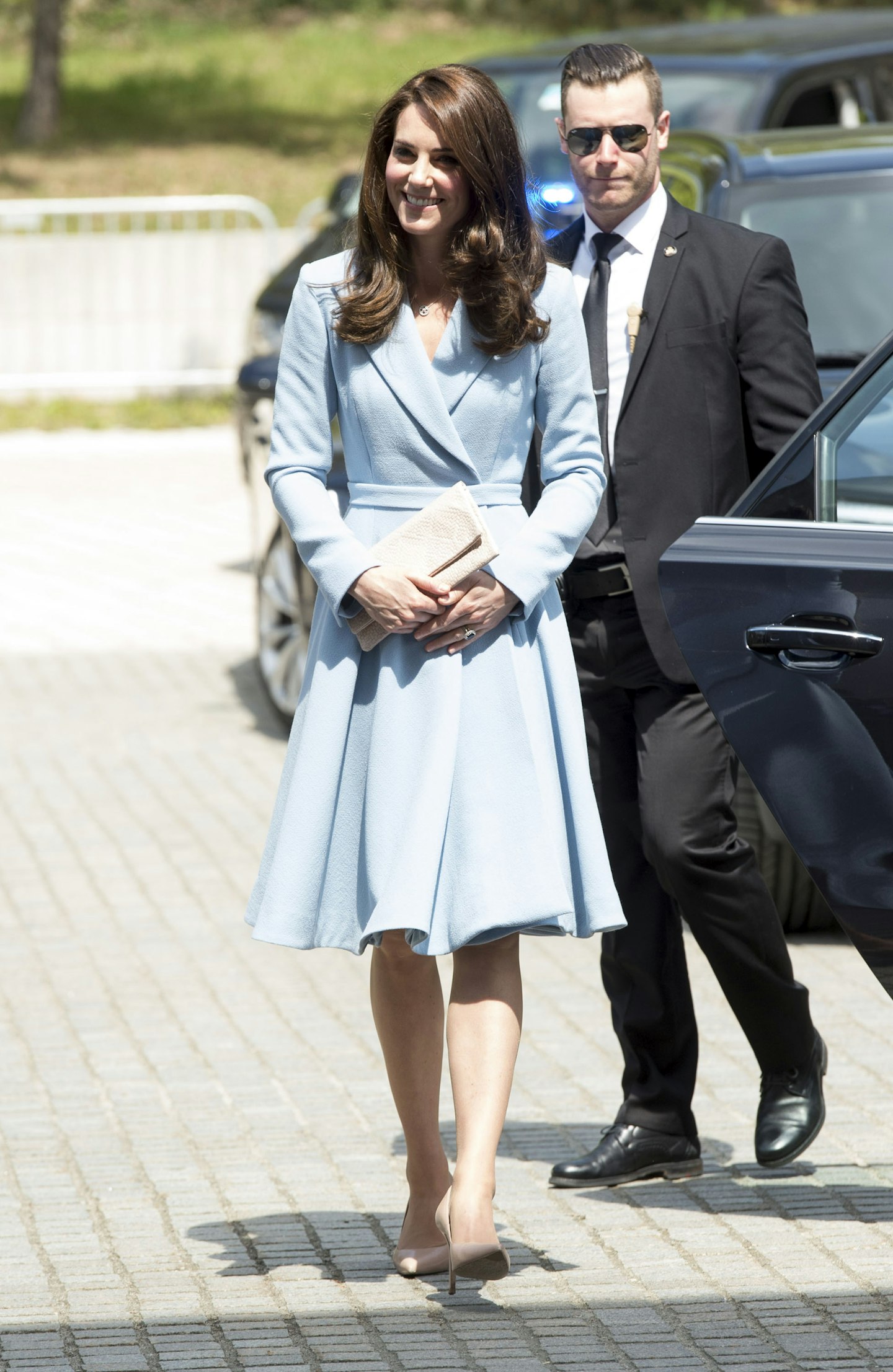 The Duchess wore a pale blue coat dress by Emilia Wickstead
