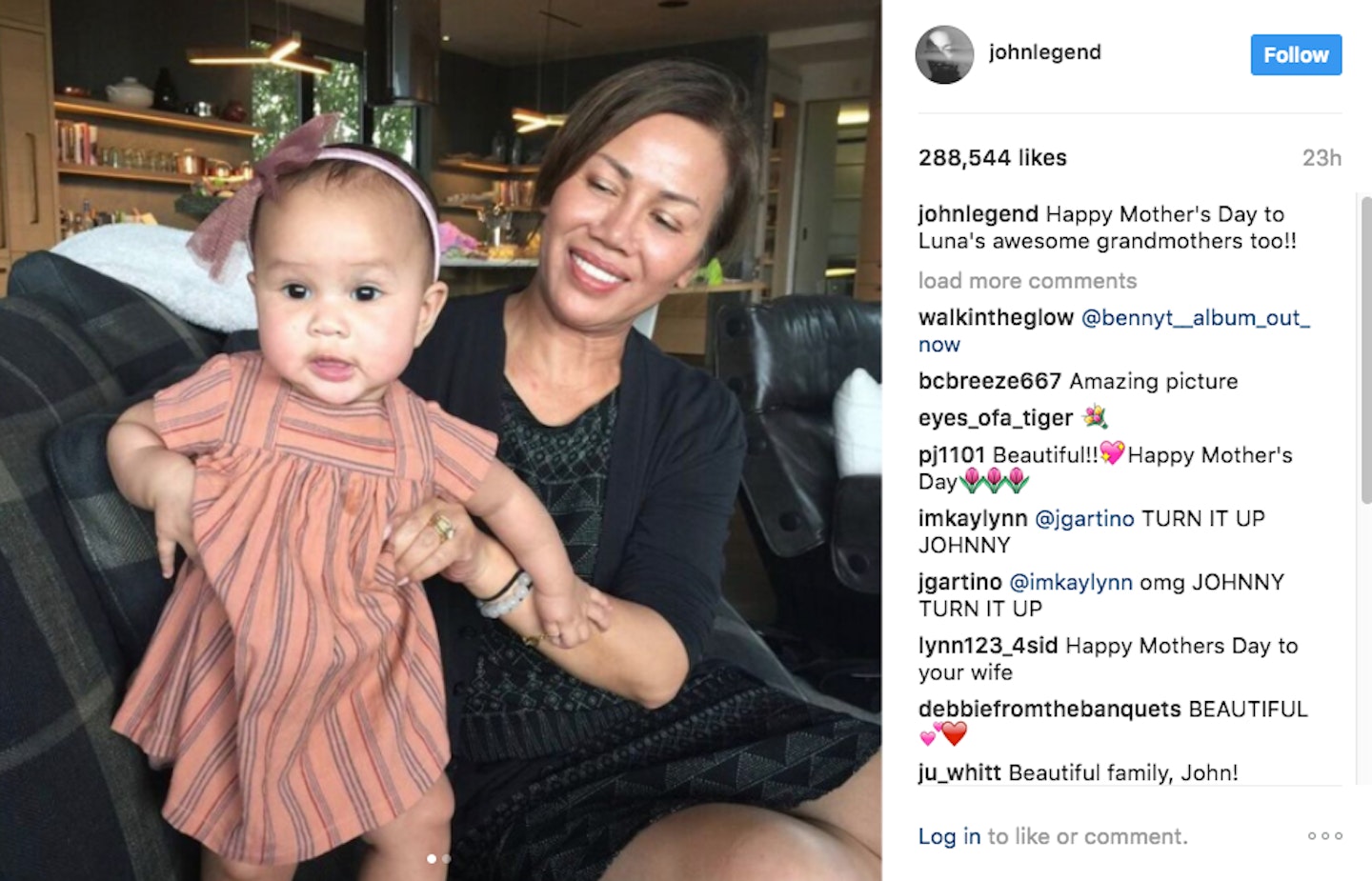 John Legend's Mother's Day message to his mother on Instagram