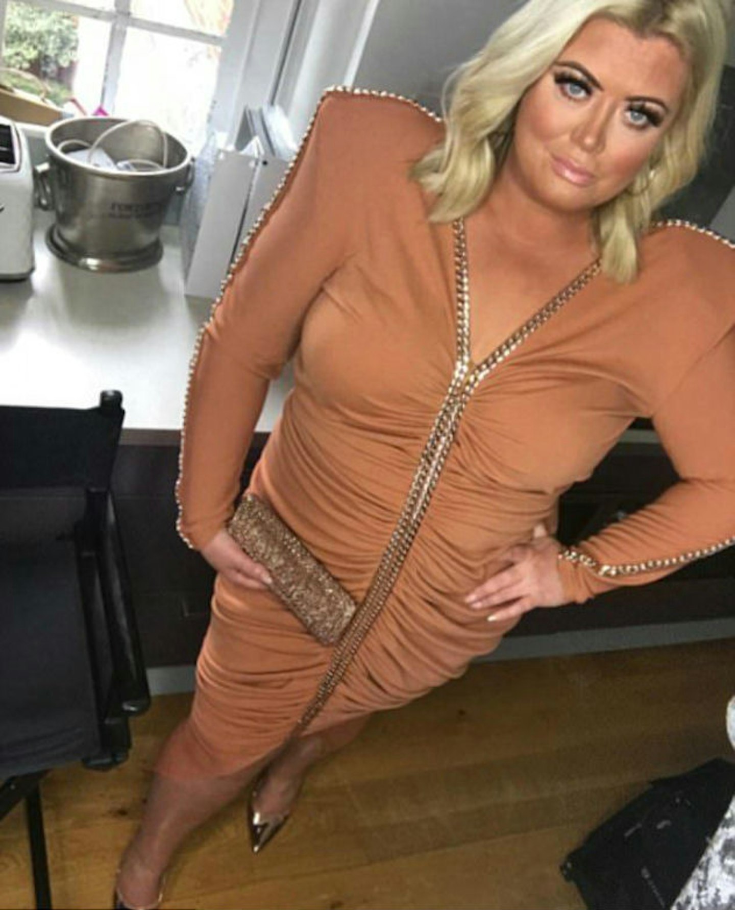 Gemma Collins orange dress shoulder pads