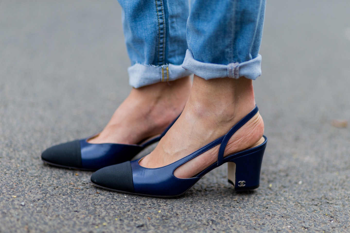 Chanel slingbacks styled with rolled up jeans