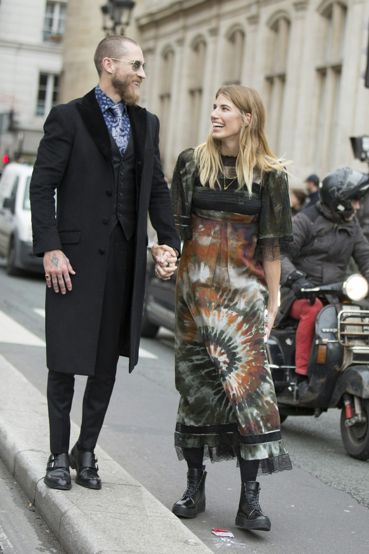 Justin O'Shea and Veronika Heilbrunner after the Jean Paul Gaultier show on January 27  2016 