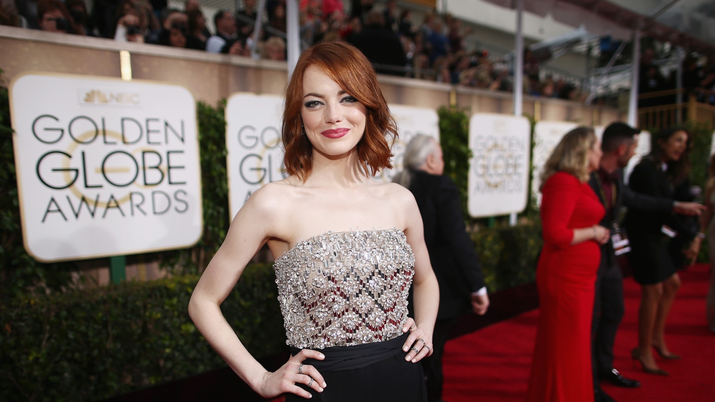 emma stone red dress golden globes Emma Stone Debuts a Dainty Pixie Cut at the 2025 Golden Globes