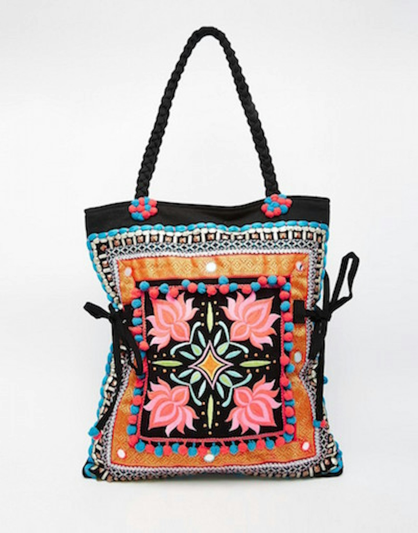 Glamorous. Black with colourful embroidery canvas bag.