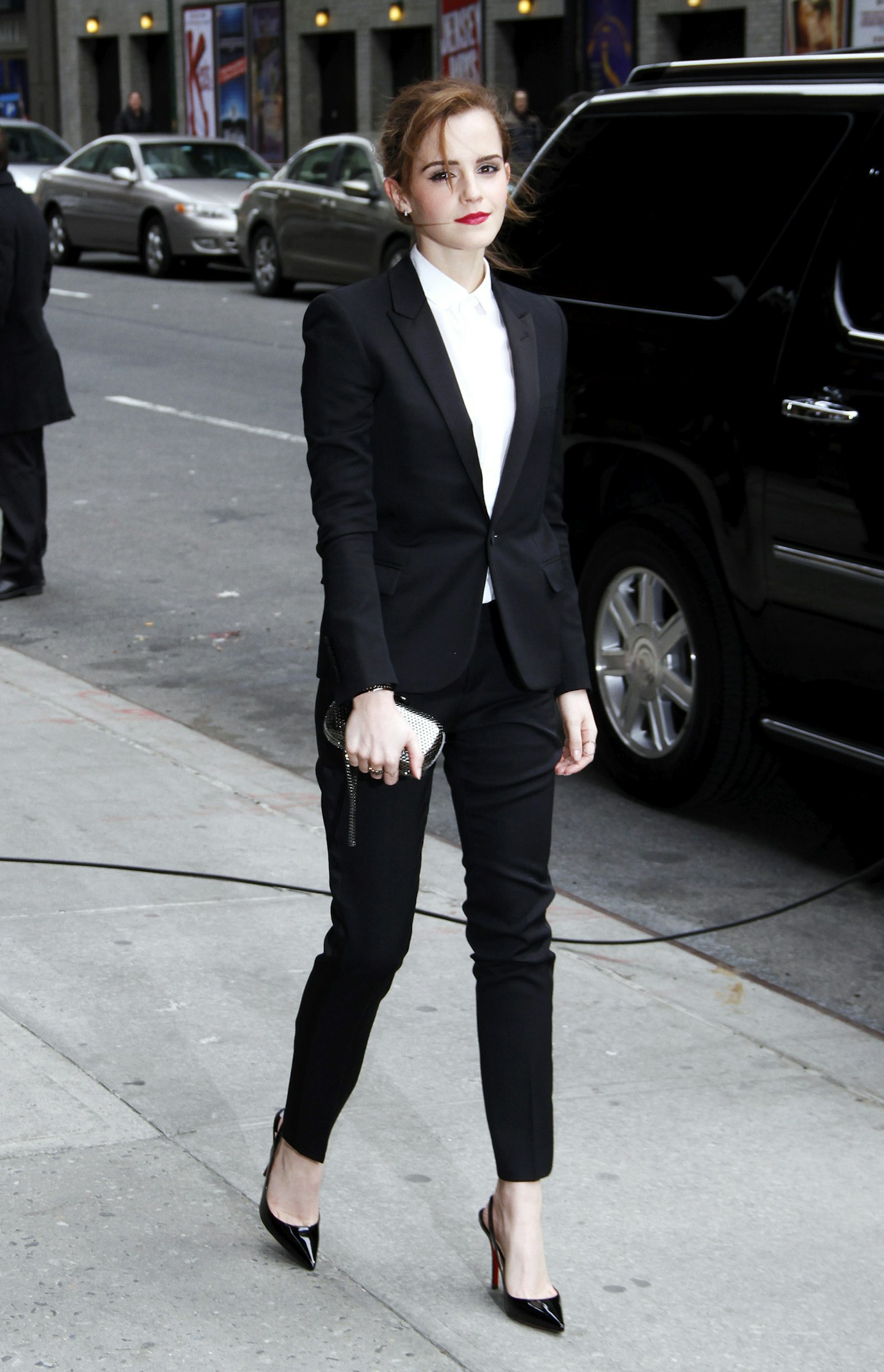 Emma Watson wears YSL le smoking to the David Letterman show in 2014