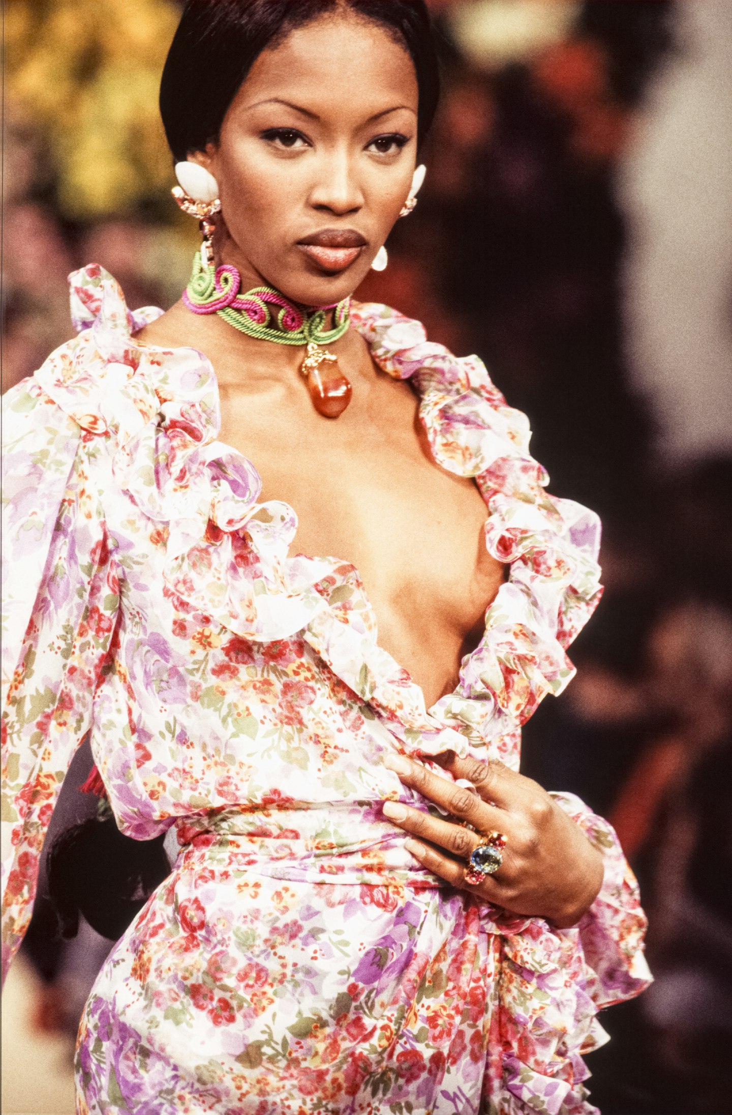 Naomi Campbell walks the YSL catwalk at Paris Fashion Week in 1992