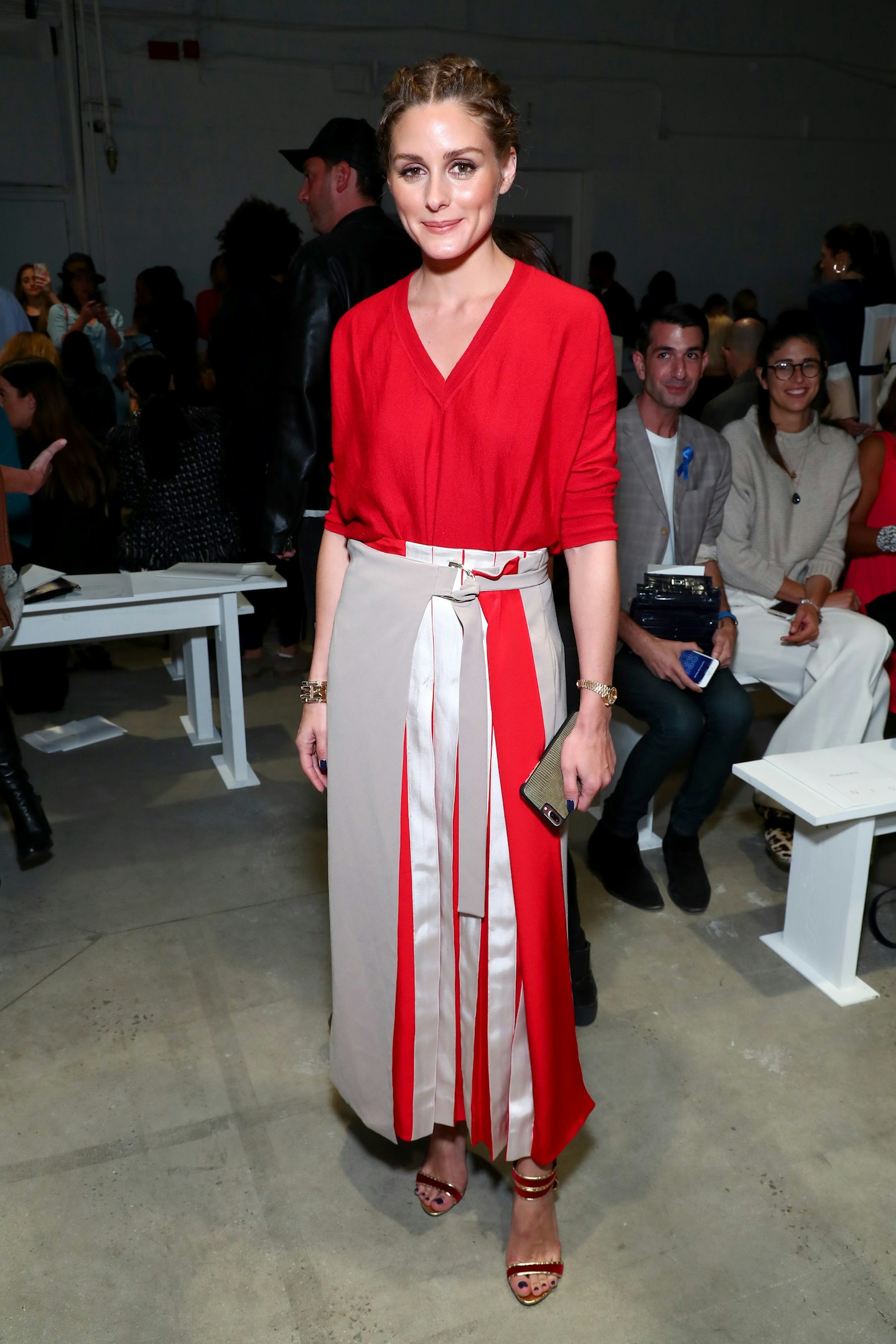 NYFW veteran Olivia Palermo brought graphic stripes to the front row at Prabal Gurung