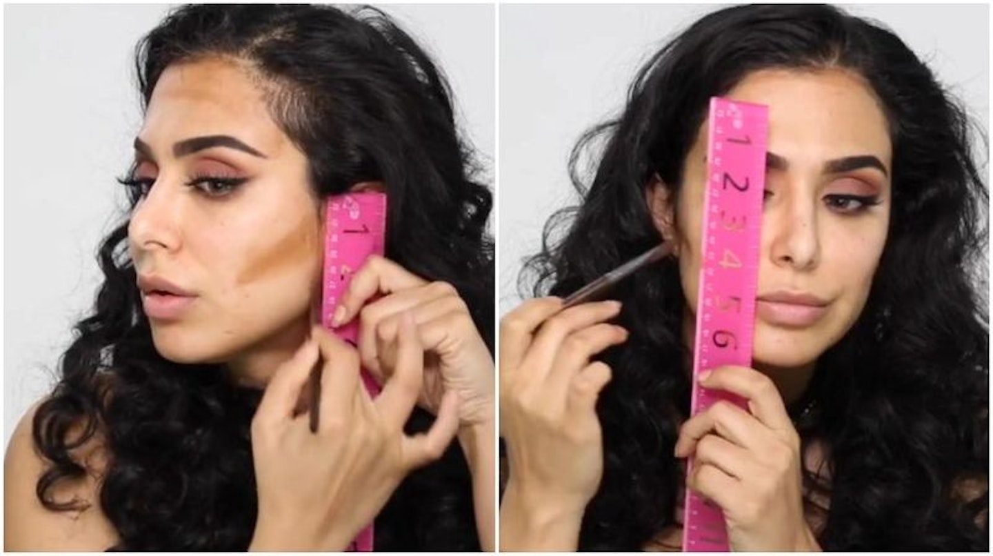 Beauty blogger using ruler to contour