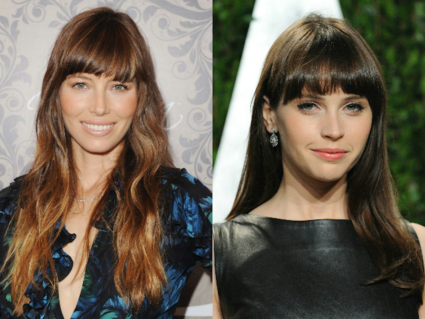 long hair full fringe felicity jones jessica biel