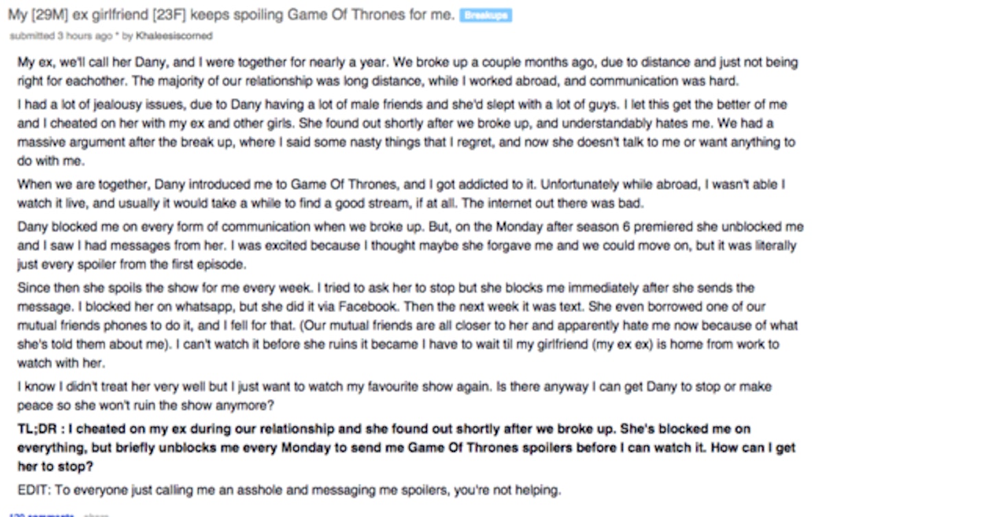 Woman takes revenge on cheating ex with Game of Thrones spoilers