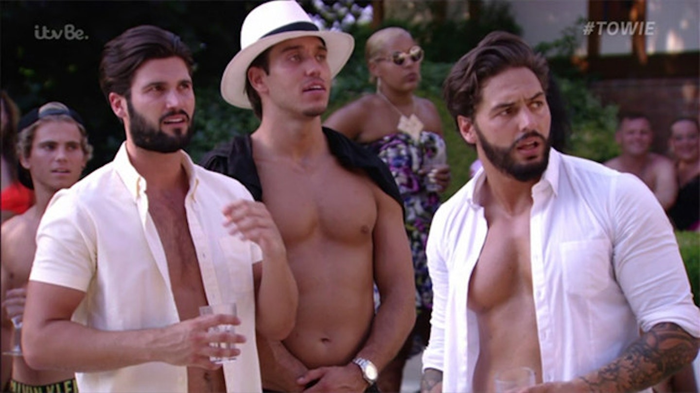 Lockie, pictured with Dan Edgar and Mario Falcone, allegedly racially abused two men at a pool party in Essex
