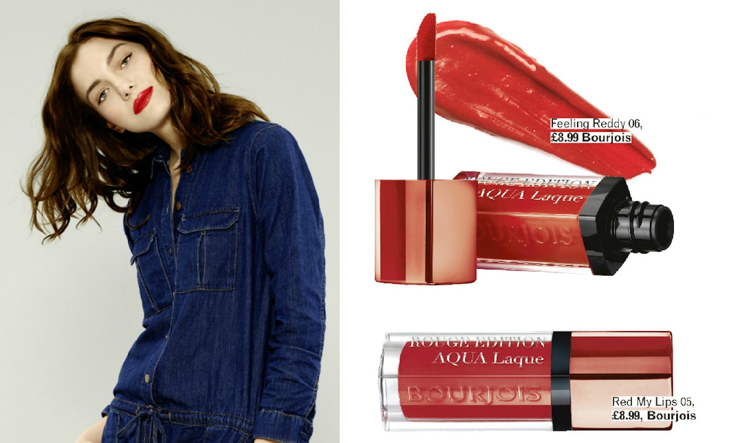 Model wears Rouge Edition Aqua Laque Lipstick in 06 by Bourjois