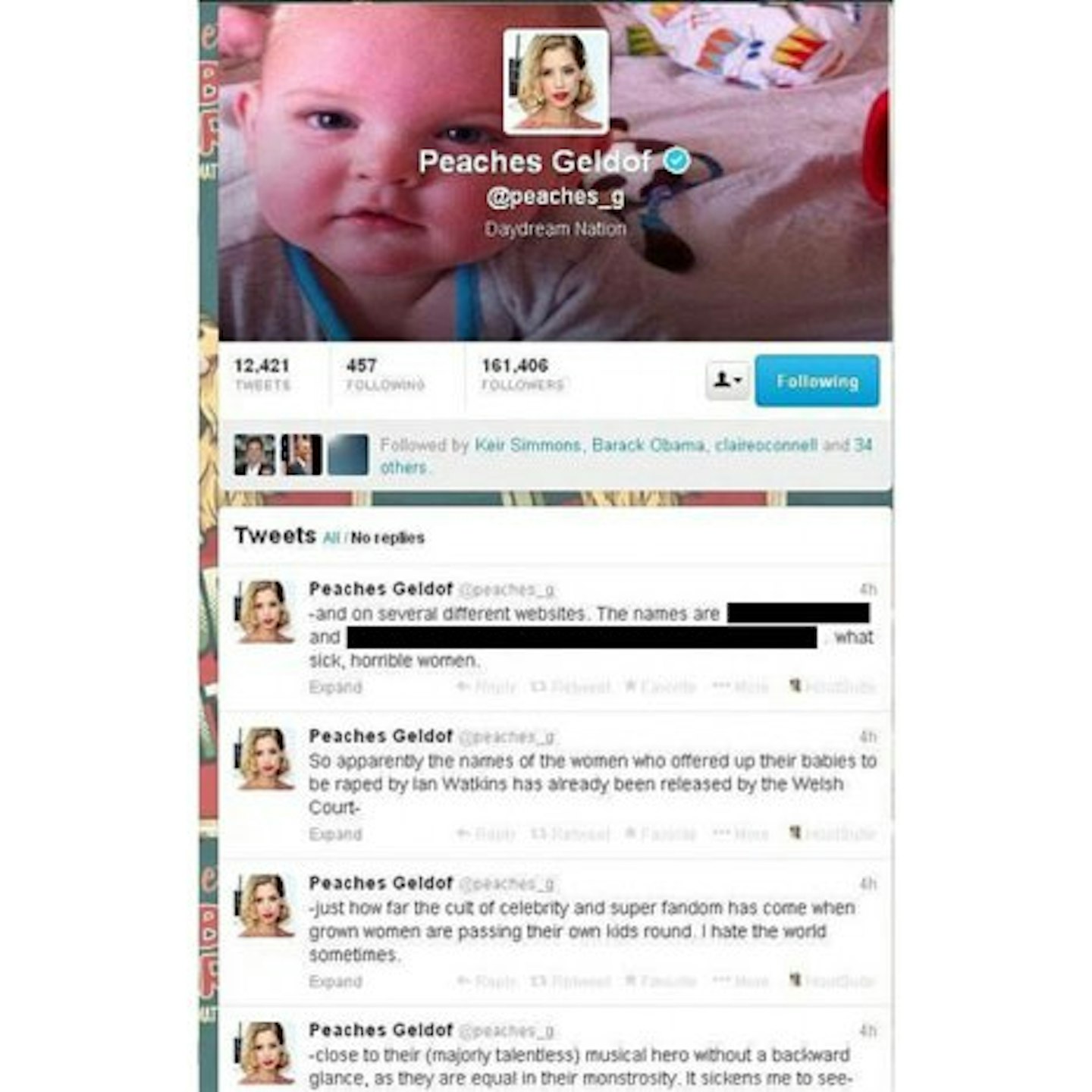 Peaches has since deleted today's tweets
