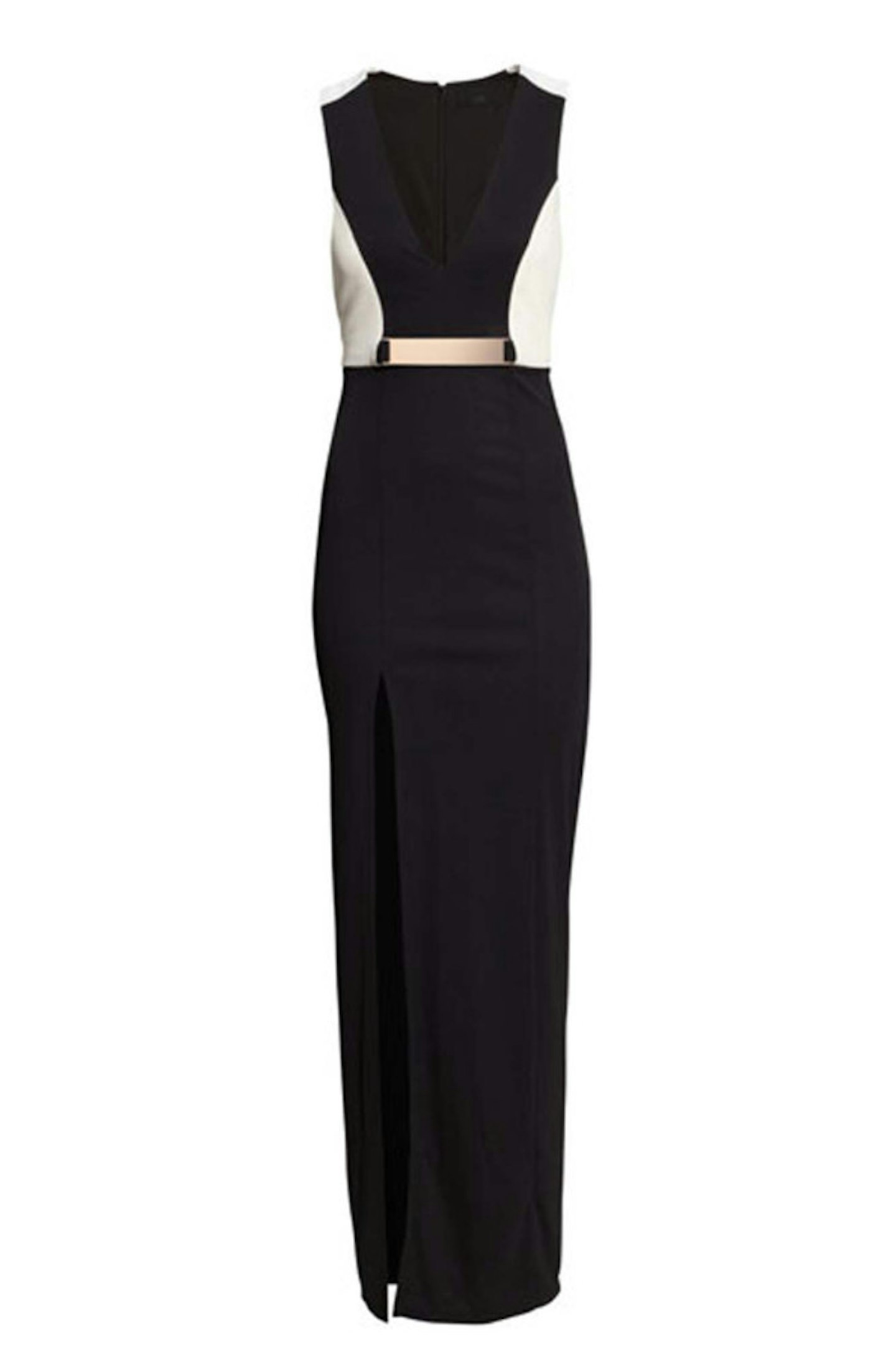 Long black dress with gold belt, cream panelling and side split detail, £29.99, H&M
