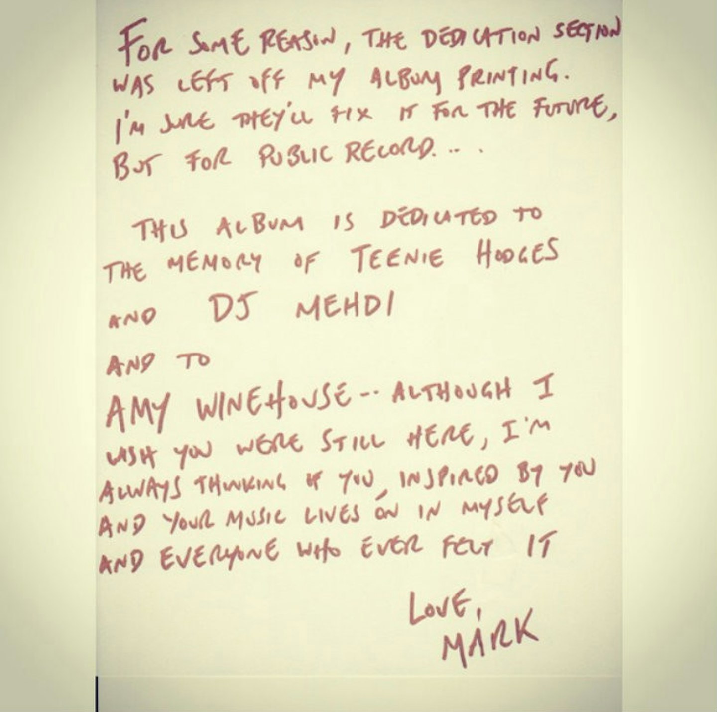 Mark's tribute to Amy