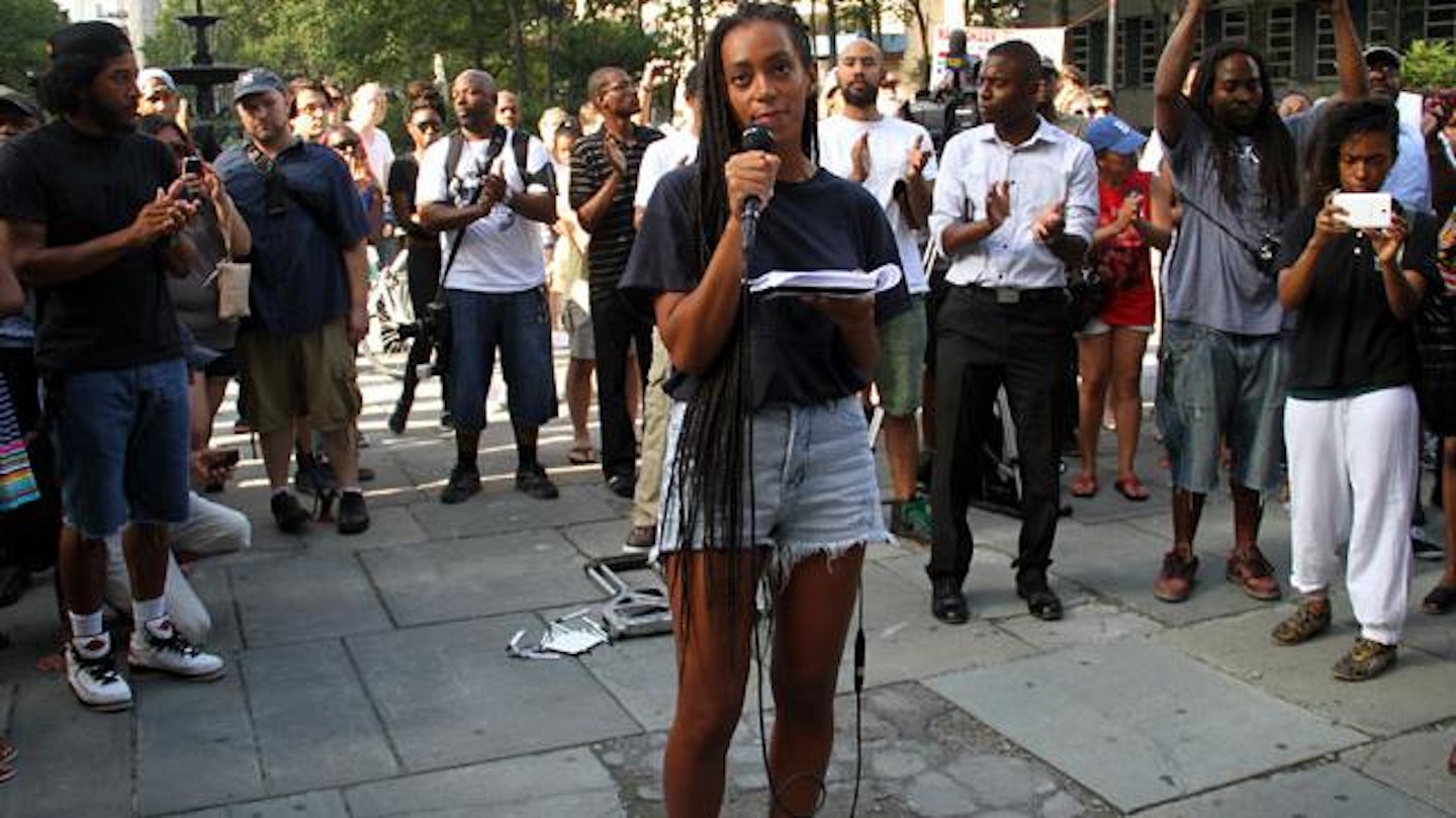 Solange Knowles speaking at the rally in New York on Sunday