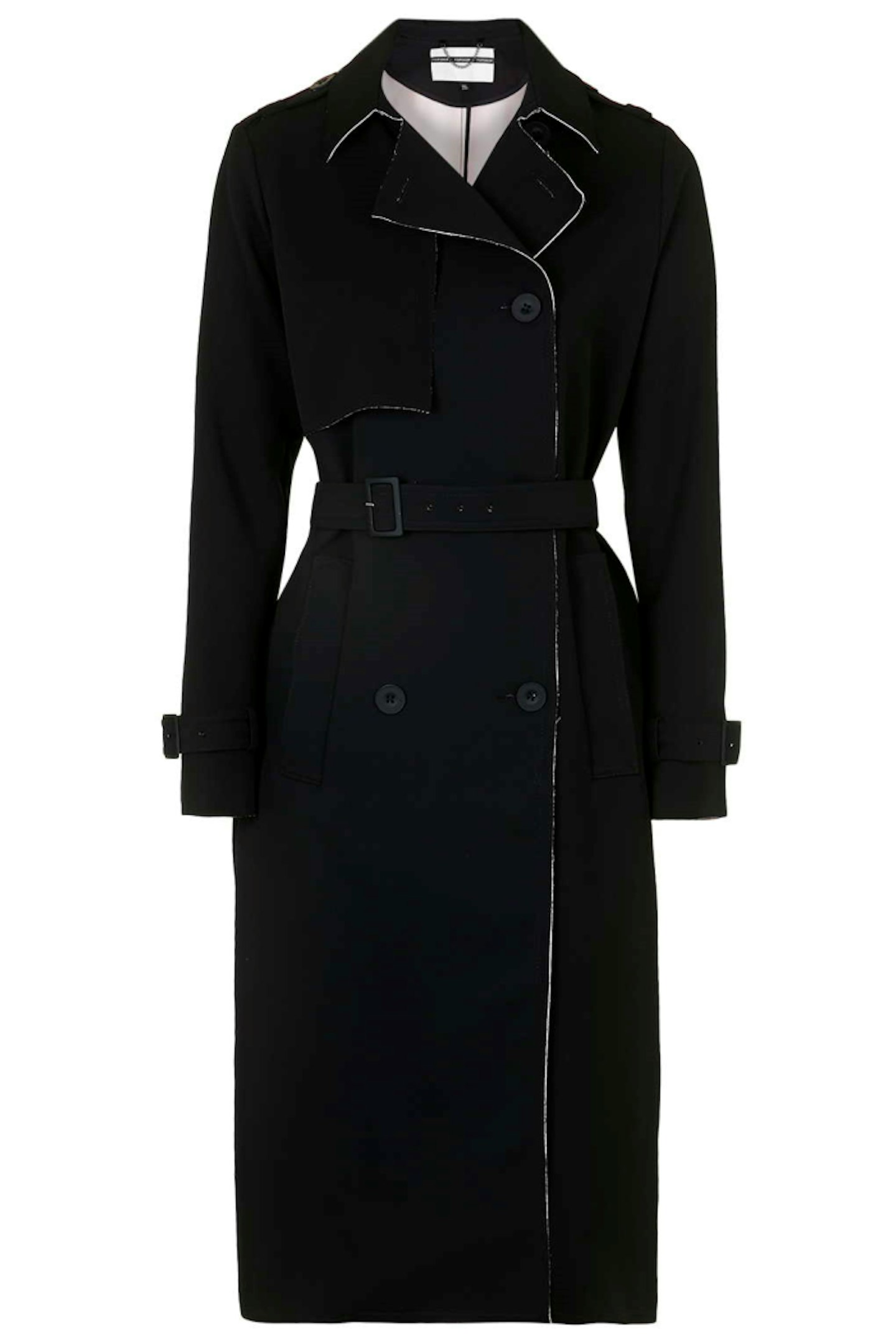 This navy coat will take you straight from the office to evening events. The white, uneven lining provides a twist on the classic trench.