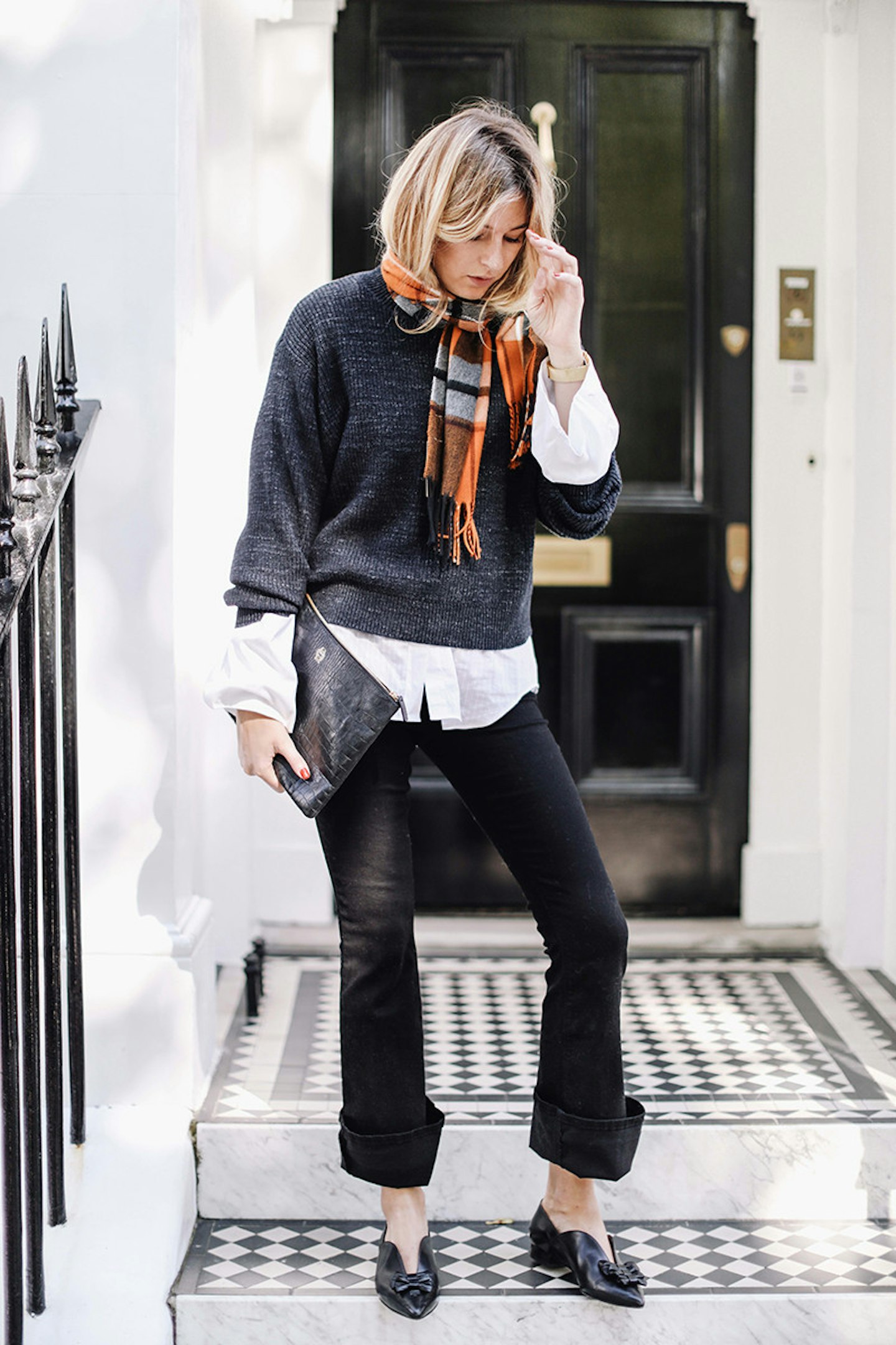 Camille wears River Island's Tartan Tassel Scarf (£15) & Black Cropped Kick Flare Trousers (£38). Other items Camille's own.