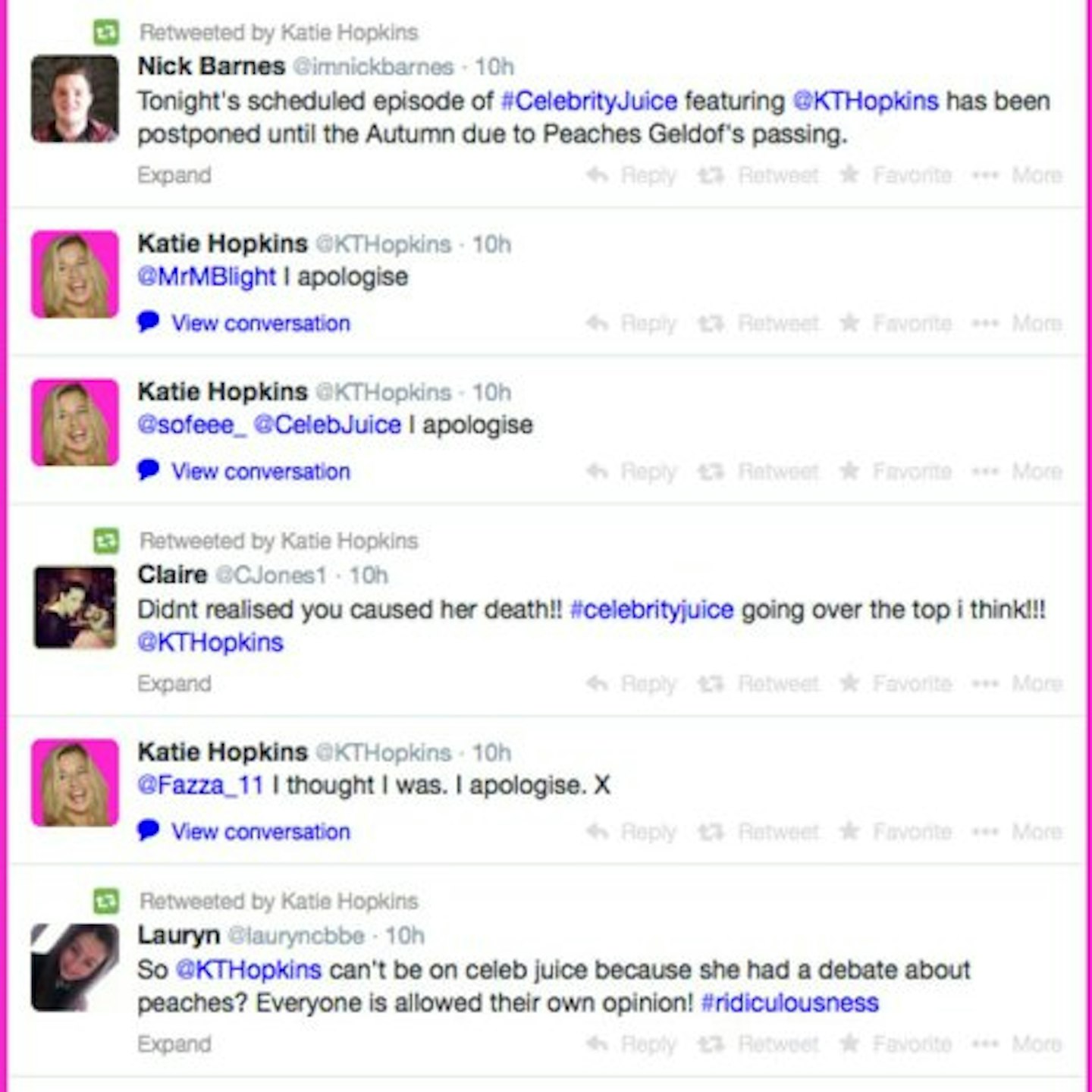 Katie Hopkins tweets “My Celebrity Juice appearance WAS postponed