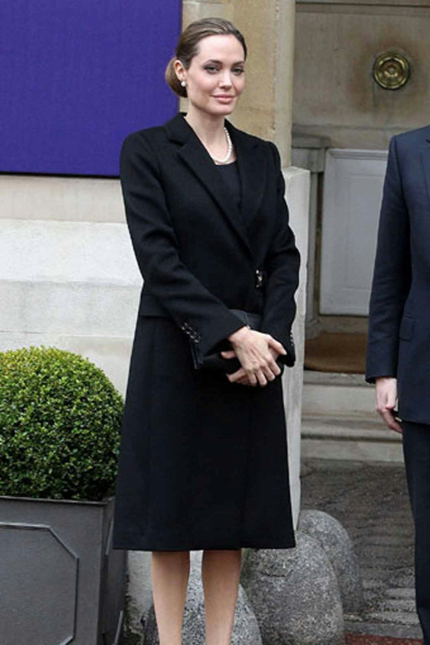 Angelina Jolie style 2013 london black long coat pearls