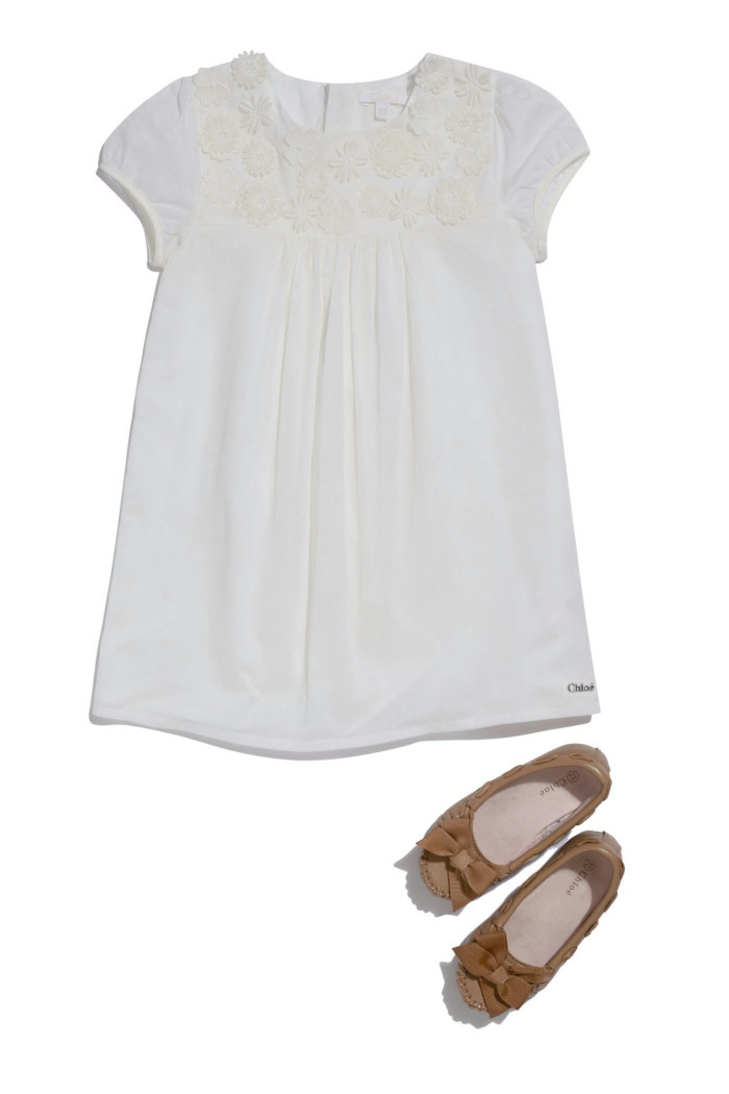 Chloe cream flower embellished dress and matching Chloe brown bow pumps