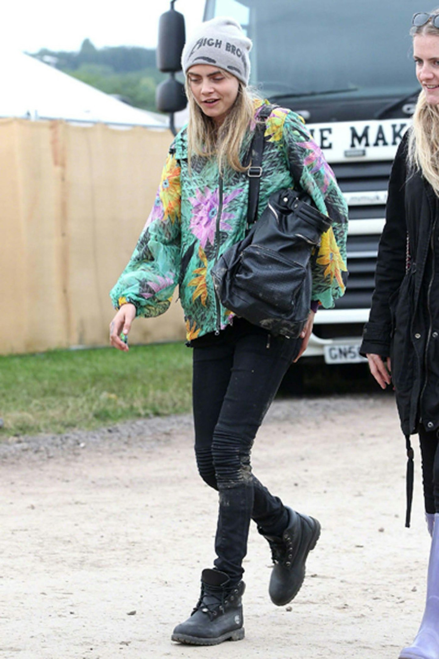 Cara Delevingne in Y-3 hoodie, Hudson Jeans and Black Score beanie